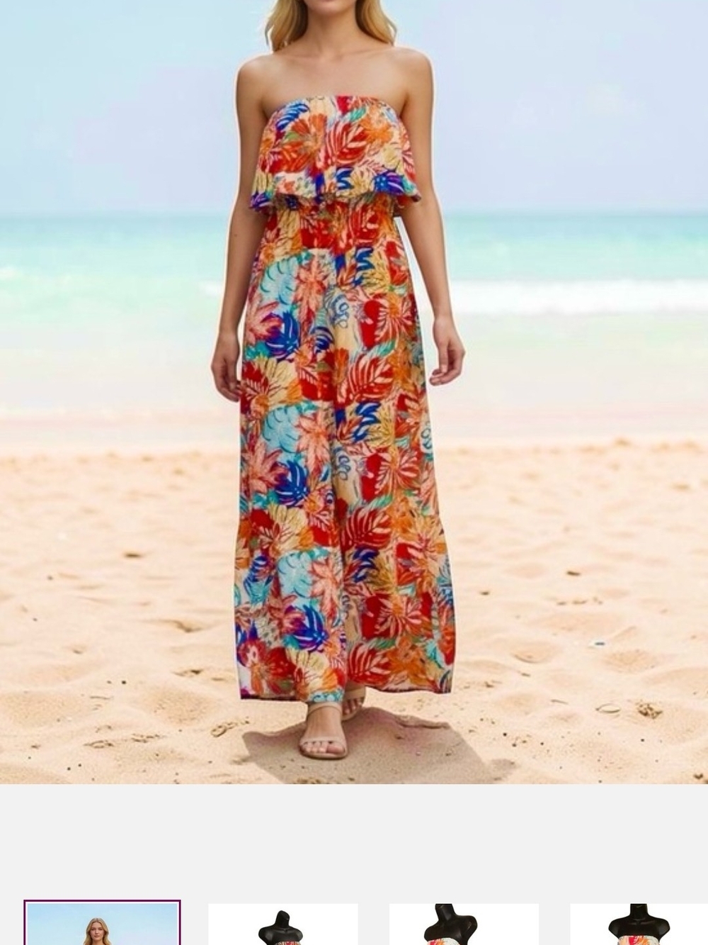 Strapless Tropical Print Maxi Dress - Orange Multi